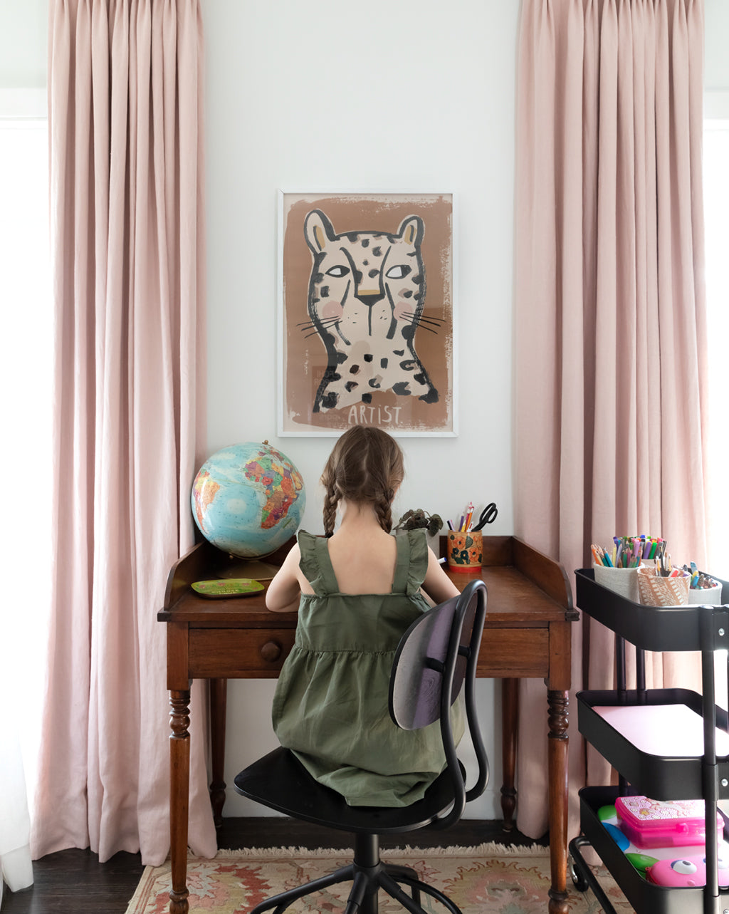 Victorian Rowhouse Makeover: Kids bedroom, two single beds with sheer curtains around bed. Floor length pink Hemme curtains in backround