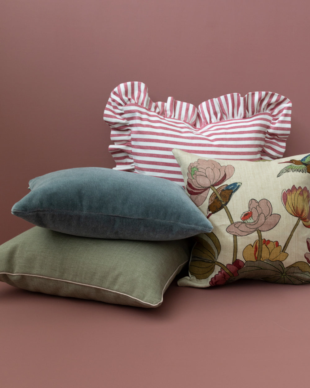 Riley Striped Ruffle Pillow Cover, Berry