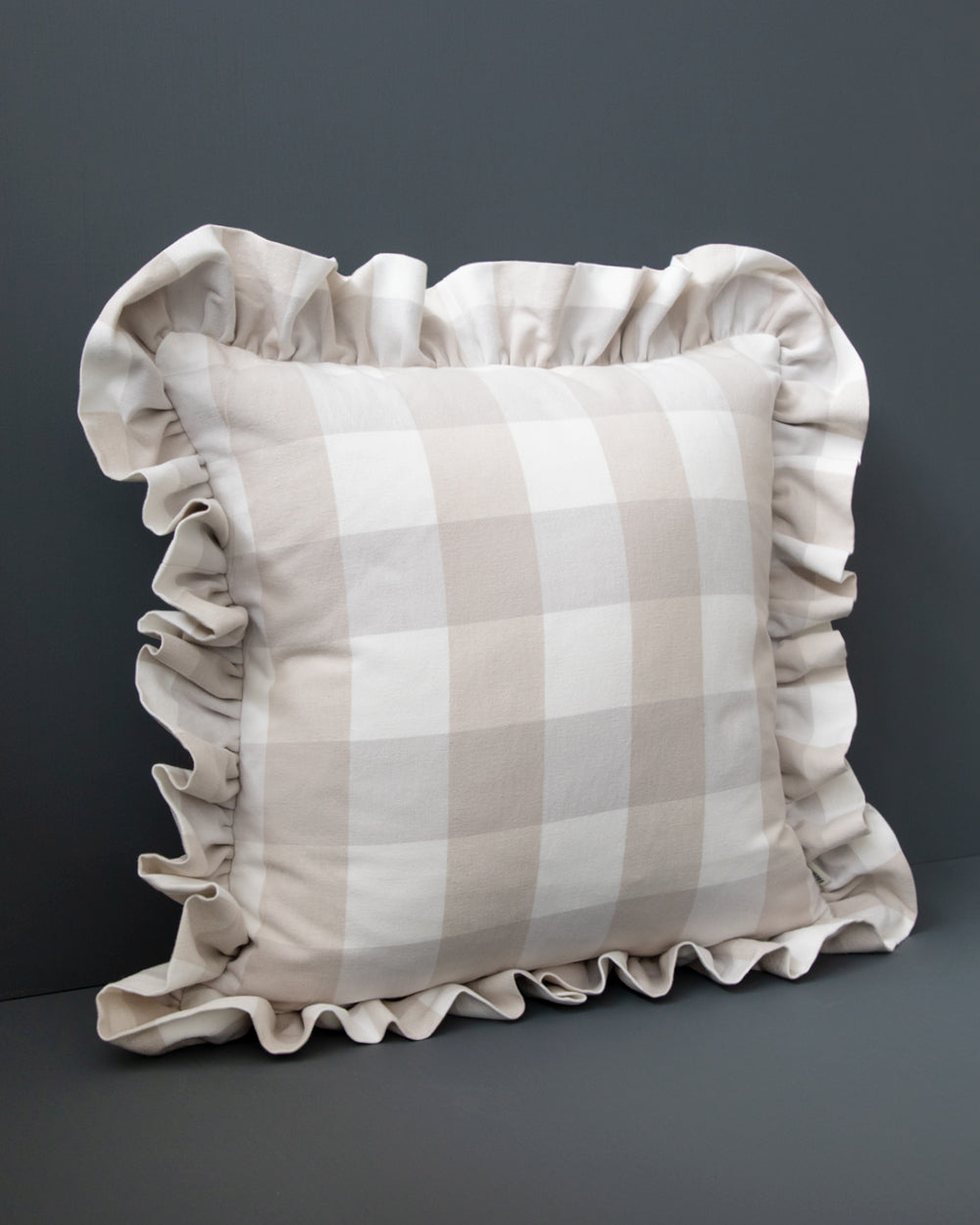 Willa Check Ruffle Pillow Cover, Beige