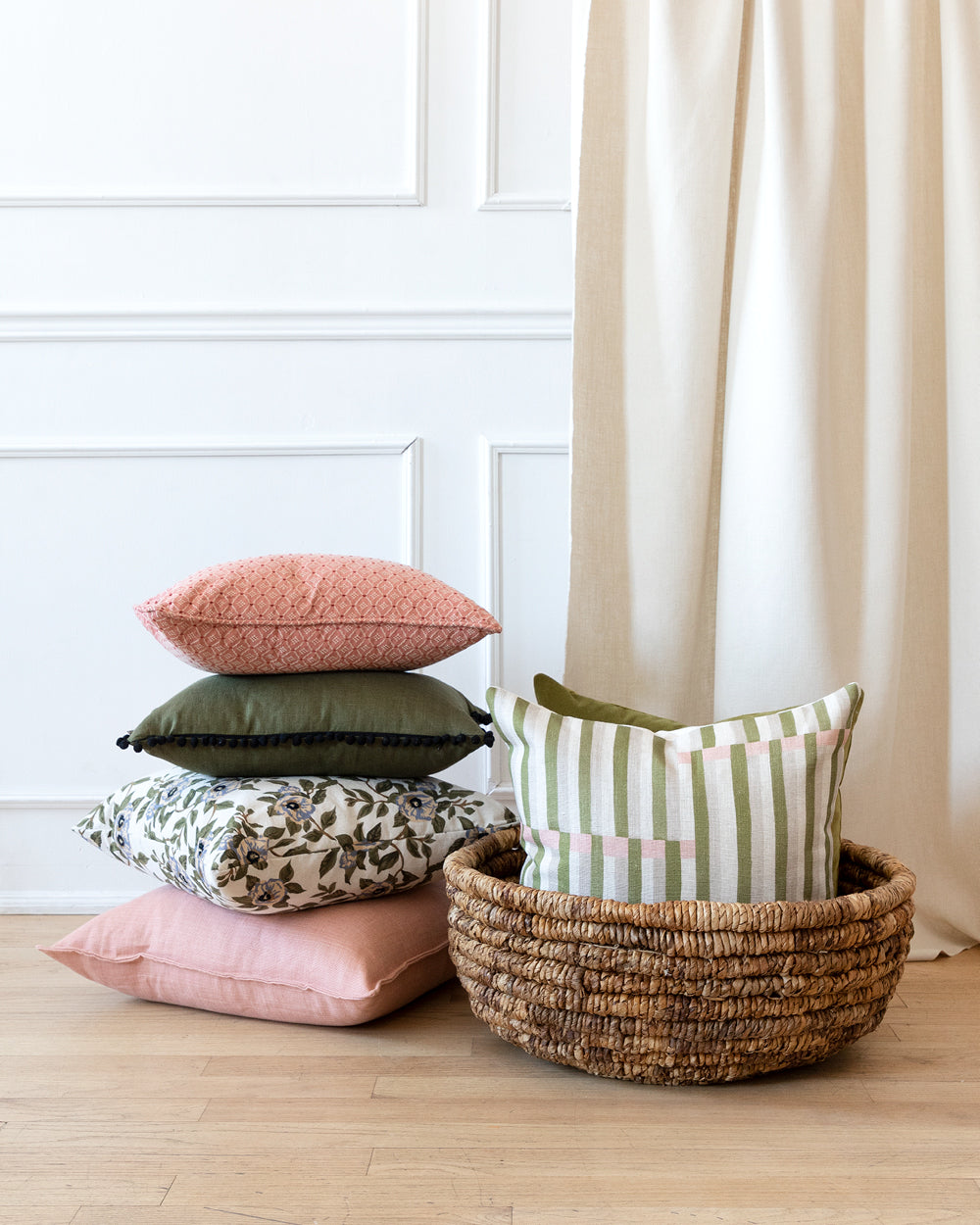 Stack of linen pillows. 