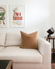 Camel coloured Mohair Pillow sitting on white sofa.