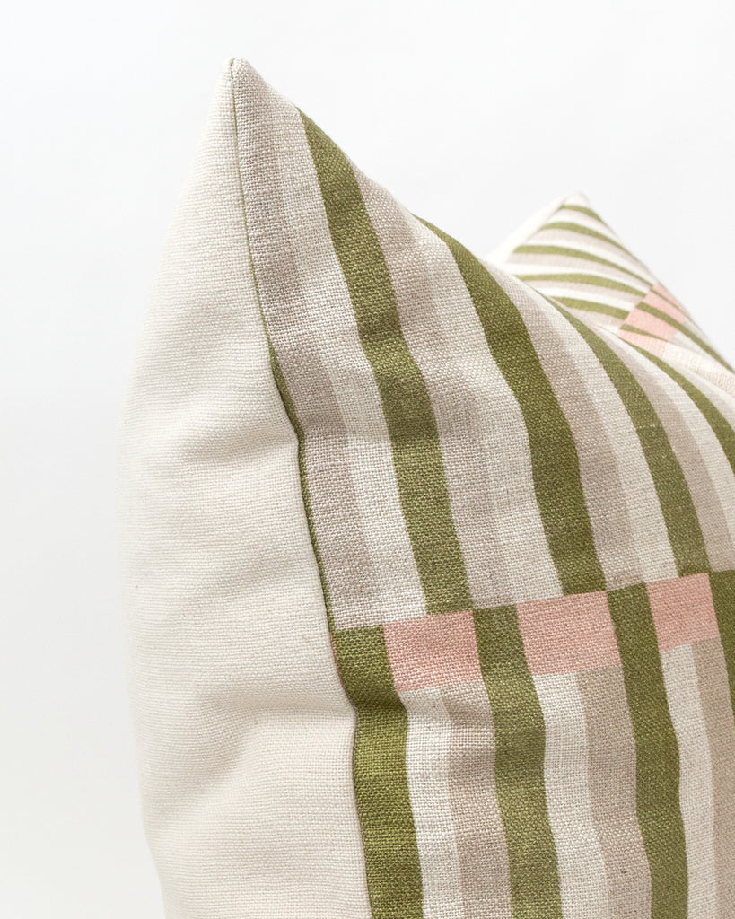 Detail image of square striped Imogen Heath fabric pillow.