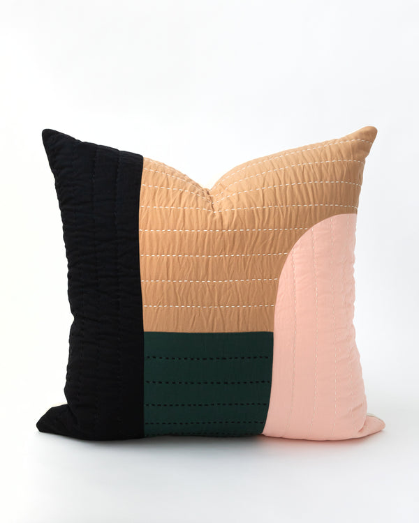 Dunne Quilted Cotton Pillow in black, green, pink and brown