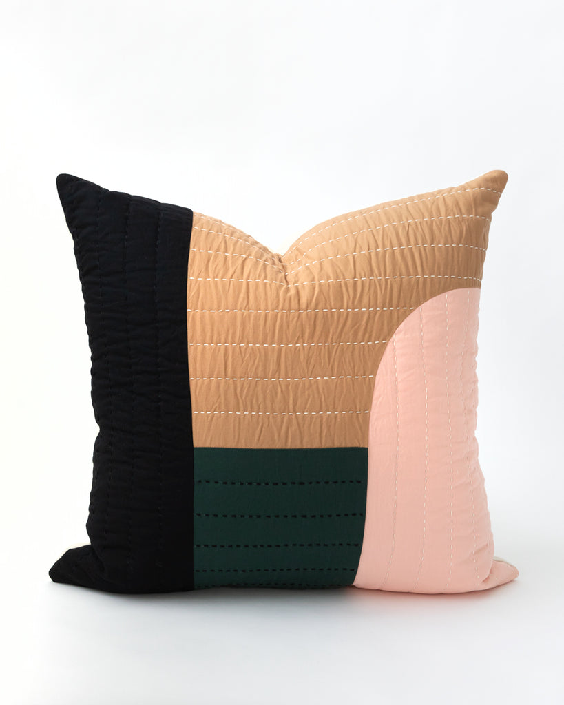 Dunne Quilted Cotton Pillow in black, green, pink and brown