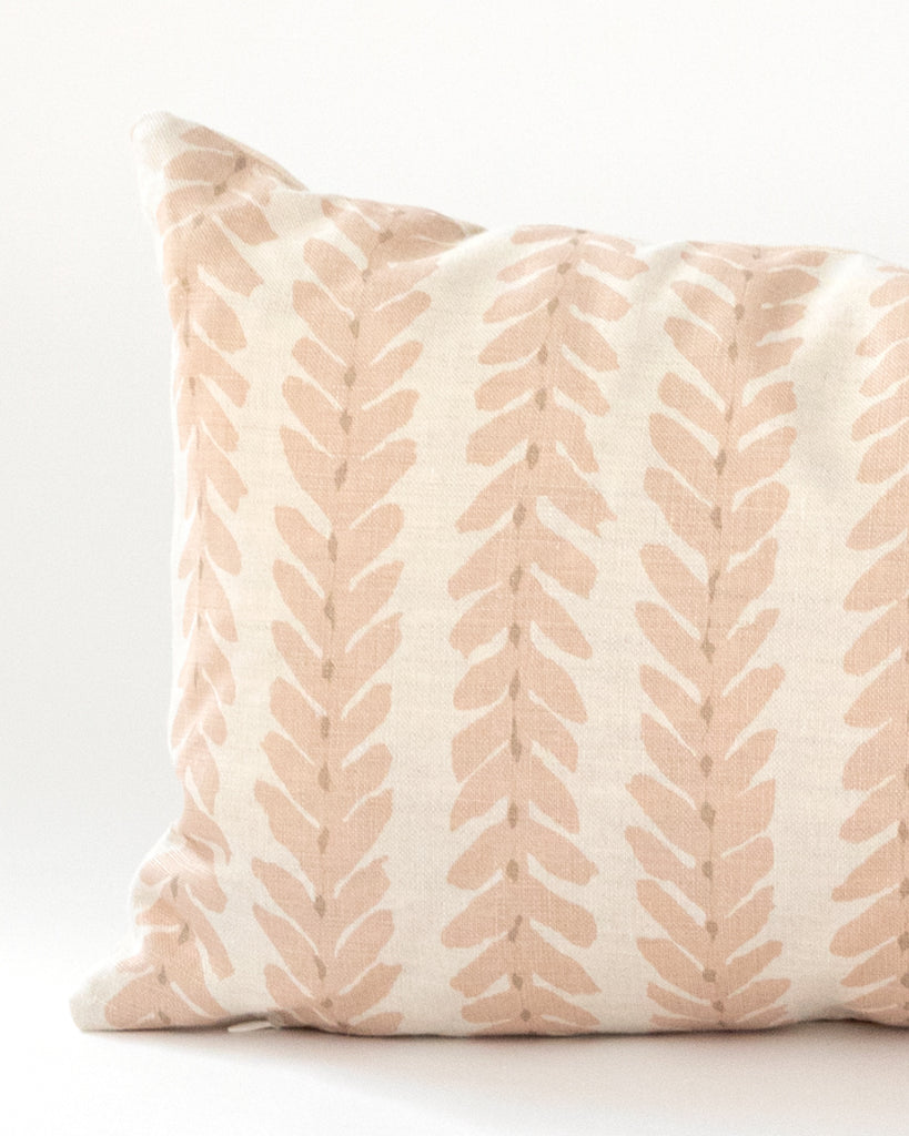 Detail close up of Blush linen botanical stripe lumbar pillow