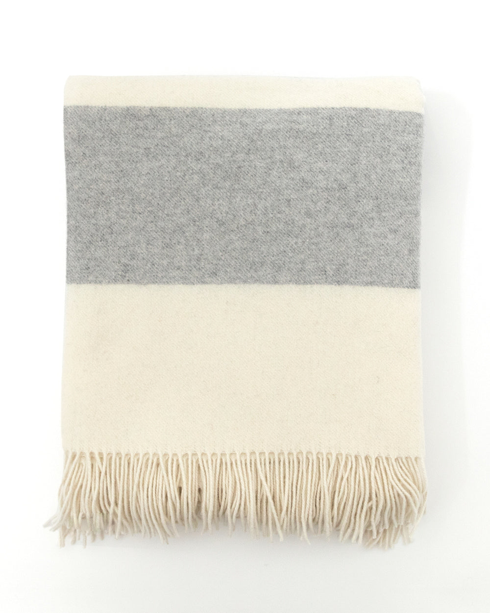 Flat folded stone grey and cream throw blanket.