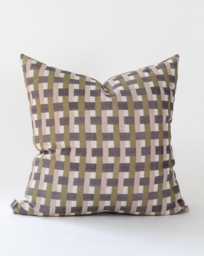 Plum, mauve and olive green check printed square pillow