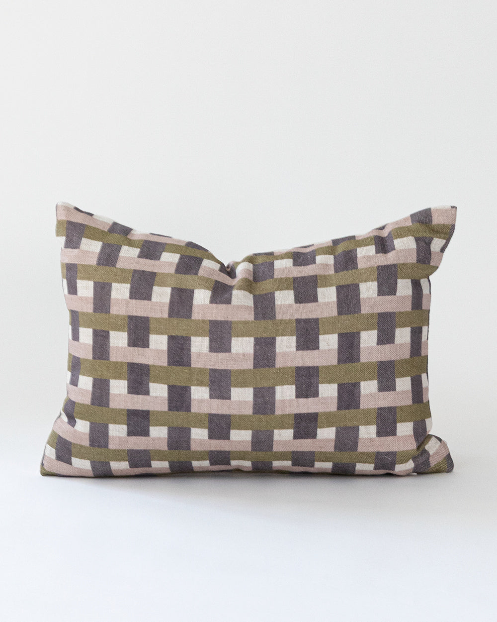 Plum, mauve and olive green check printed rectangle pillow