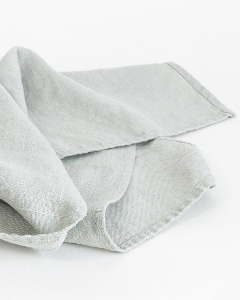 Close up detail of blue stonewashed linen tea towel 