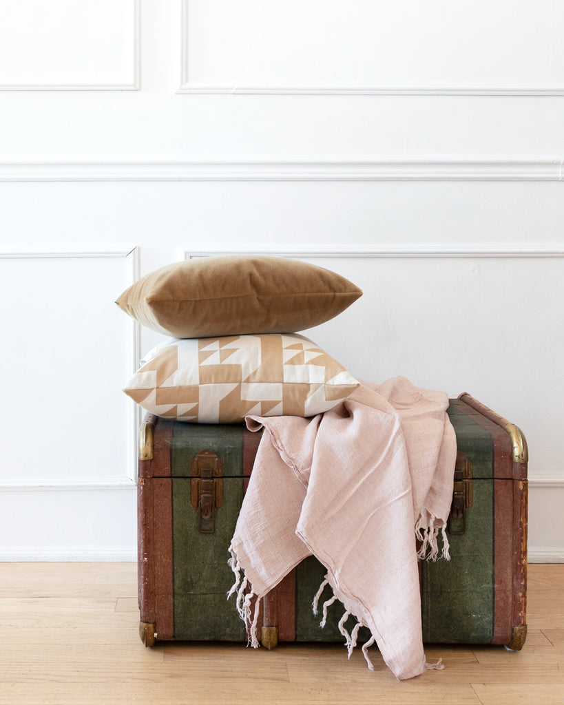 Beige vintage fabric pillow on antique trunk with velvet brown Hemme pillow and blush linen throw with tassels.