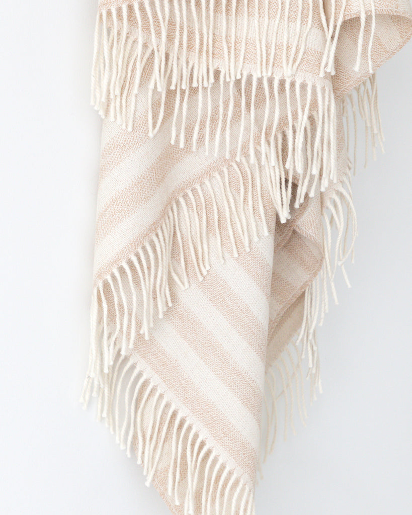 Close up detail of Alpaca wool beige and cream throw with tassels 