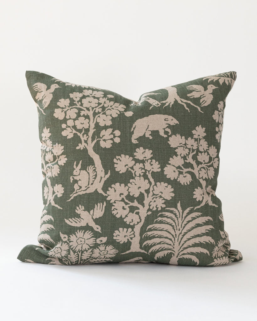 Green and beige woodland print pillow